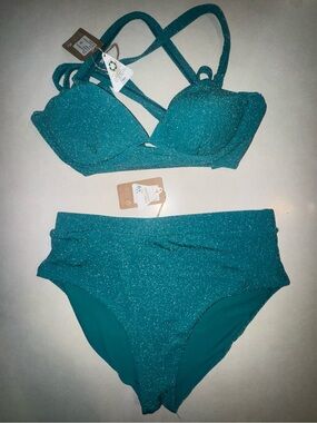 NWT Berlook Bikini Plus Size 16 Green Sparkles Bathing Suit